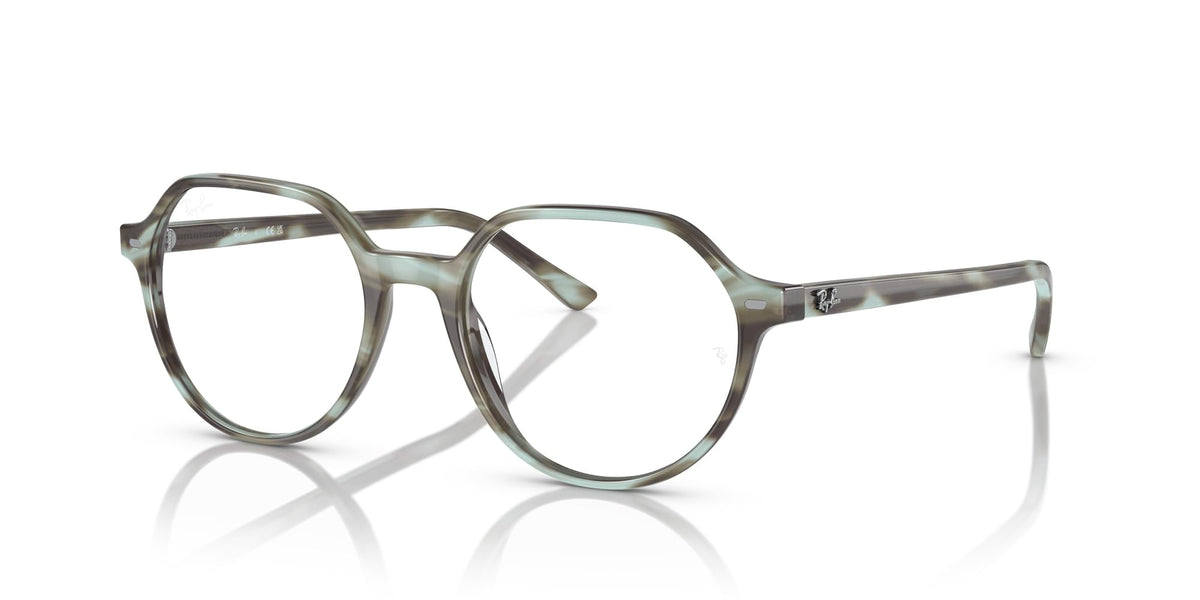 Striped olive-green prescription eyeglass frames, angled side view, round lens openings