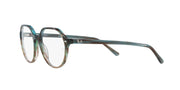 Blue-green round eyeglass frames with clear lenses and curved metal temples