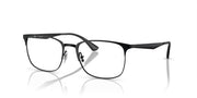 Black eyeglass frames, angled view with rectangular clear lenses and slim temples