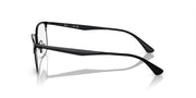 Matte black eyeglass frames, side view showing hinge and rectangular clear lens