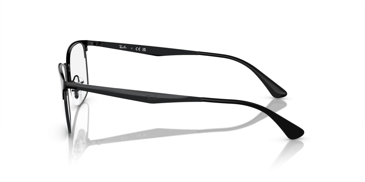Matte black eyeglass frames, side view showing hinge and rectangular clear lens