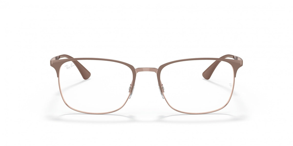 Bronze eyeglass frames with rectangular lenses and black nose bridge, demo lenses