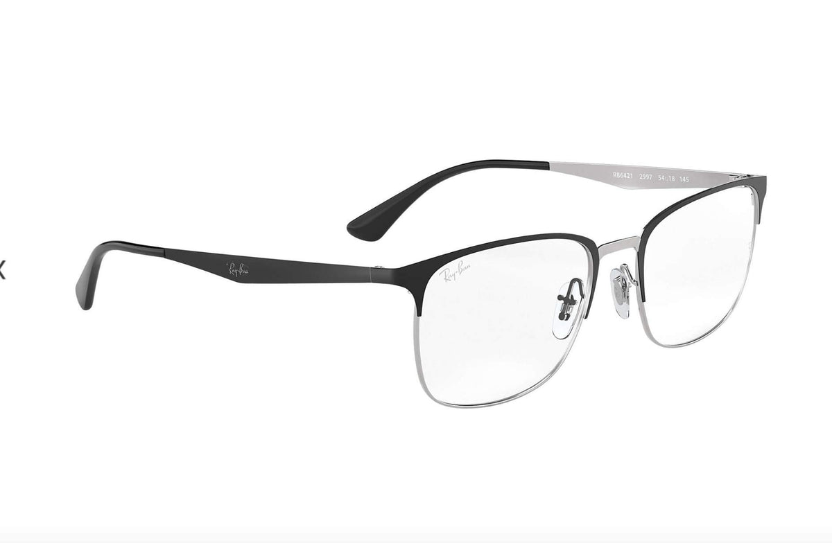 Ray-Ban RX6421 black rectangular eyeglass frames with clear lenses, angled side view