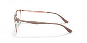 Rose copper eyeglass frames, side profile with rectangular clear demo lenses
