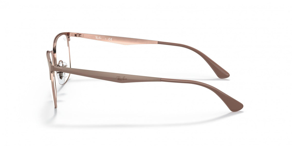 Rose copper eyeglass frames, side profile with rectangular clear demo lenses