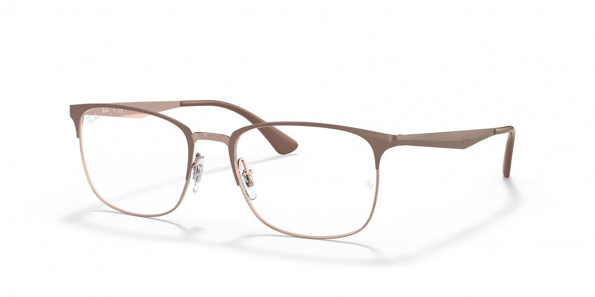 Ray-Ban RX6421 brown rectangular eyeglass frames with clear lenses, three-quarter view