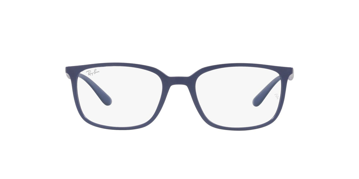 Ray-Ban prescription eyeglass frames, matte blue, front view with demo lenses