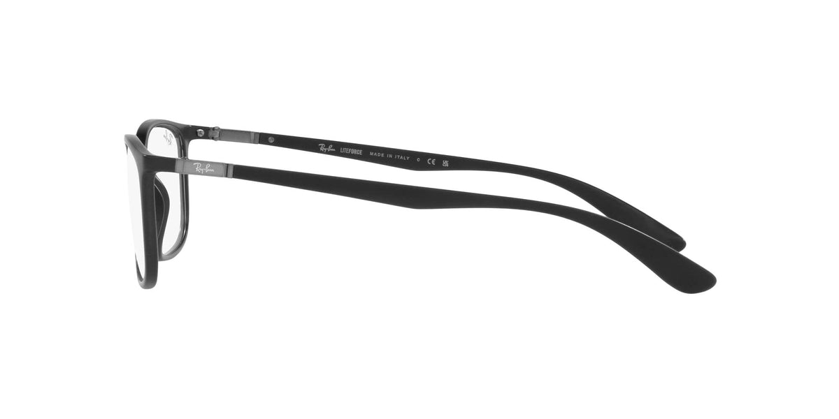 Ray-Ban prescription eyeglass frames, matte black, close side view of temple and hinge