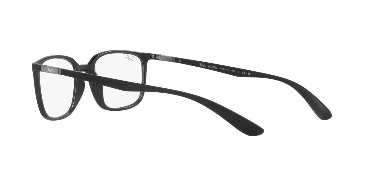 Ray-Ban prescription eyeglass frames, matte black, three-quarter view with demo lenses