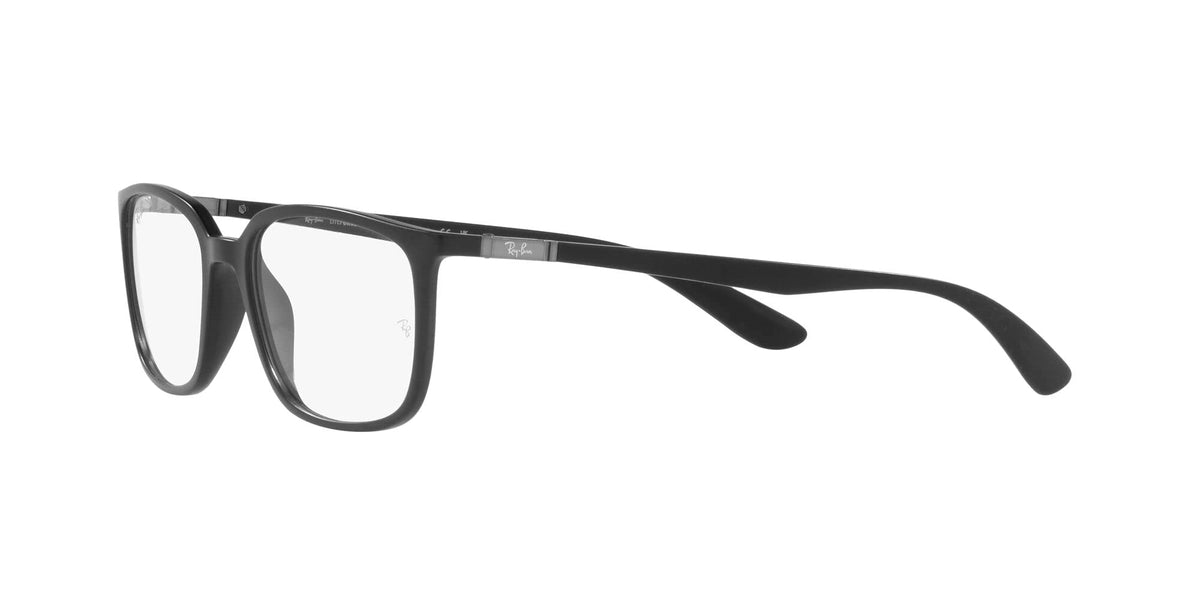 Ray-Ban prescription eyeglass frames, matte black, side profile with curved temple