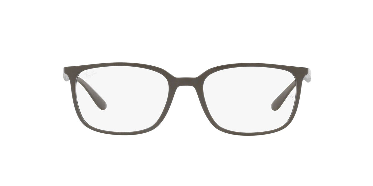 Ray-Ban prescription eyeglass frames, matte dark, clear demo lenses, front view