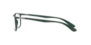 Ray-Ban RX7208 matte green prescription frames, temple detail with clear lenses