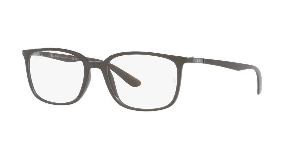 Ray-Ban prescription eyeglass frames, matte dark, clear demo lenses, side view
