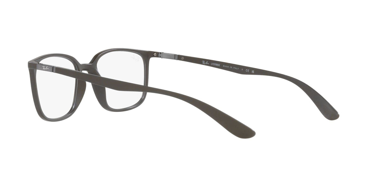 Ray-Ban prescription eyeglass frames, matte dark, clear demo lenses, angled profile