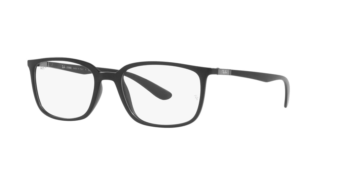 Ray-Ban prescription eyeglass frames, matte black, angled side view with demo lenses