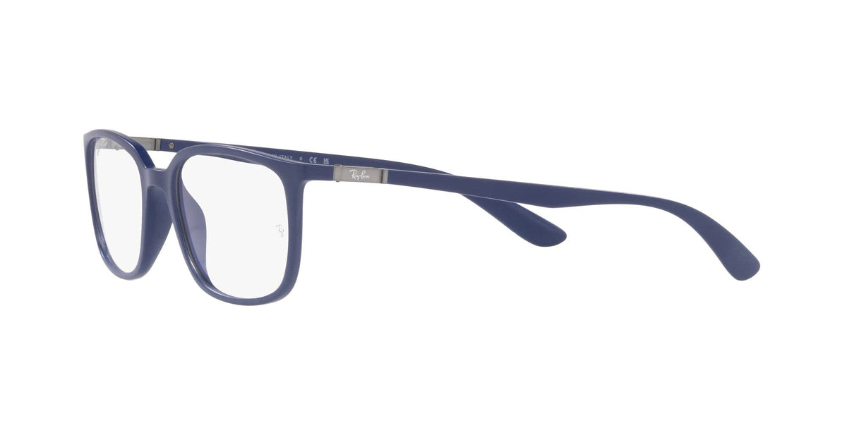 Ray-Ban prescription eyeglass frames, matte blue, side profile with curved temple