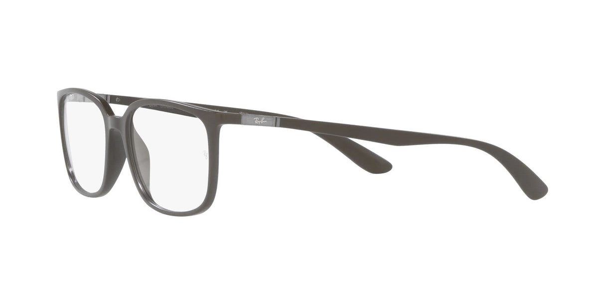 Ray-Ban prescription eyeglass frames, matte dark, clear demo lenses, 3/4 side view