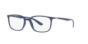 Ray-Ban prescription eyeglass frames, matte blue, angled side view with demo lenses