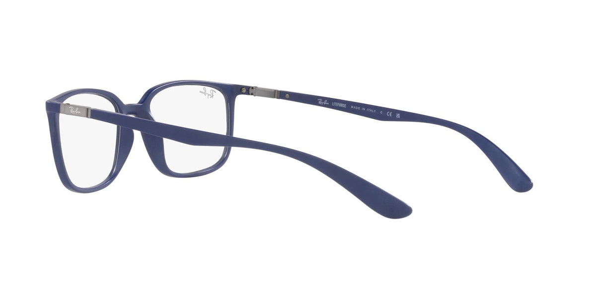 Ray-Ban prescription eyeglass frames, matte blue, three-quarter view with demo lenses