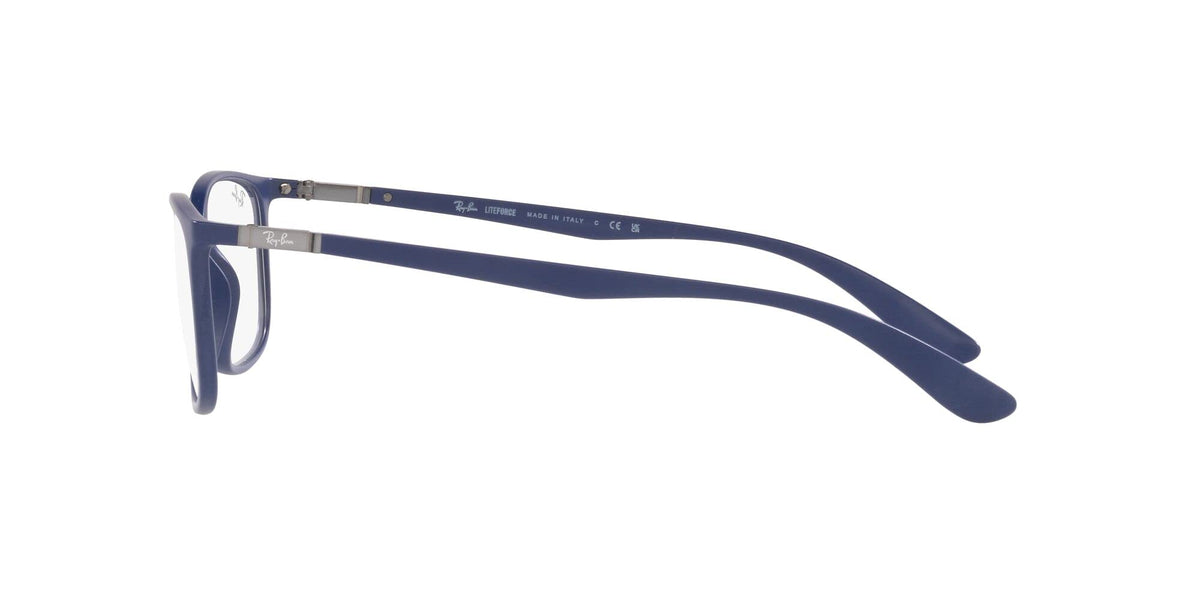 Ray-Ban prescription eyeglass frames, matte blue, close side view of temple and hinge