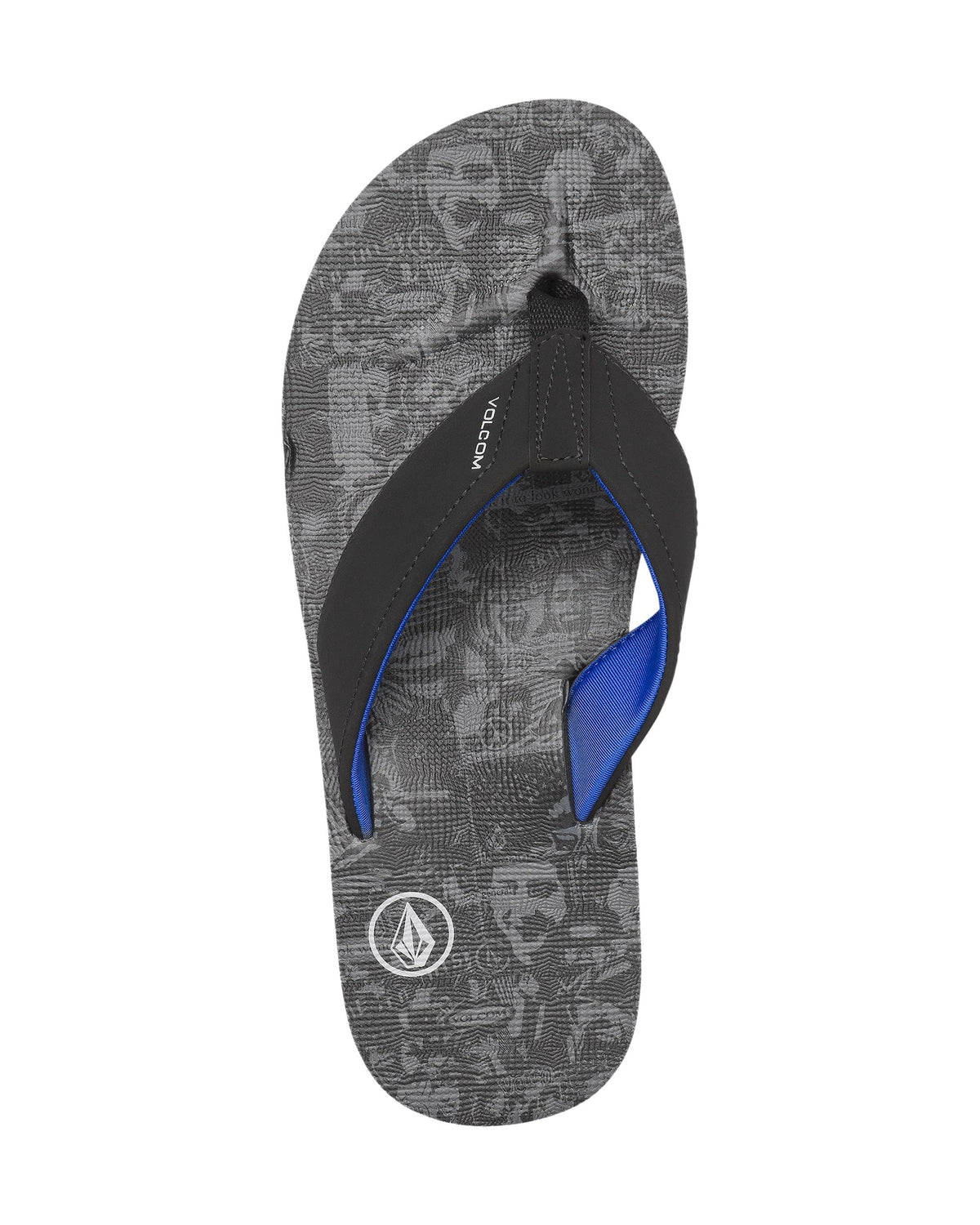 Gray printed thong sandal with black strap and blue edge