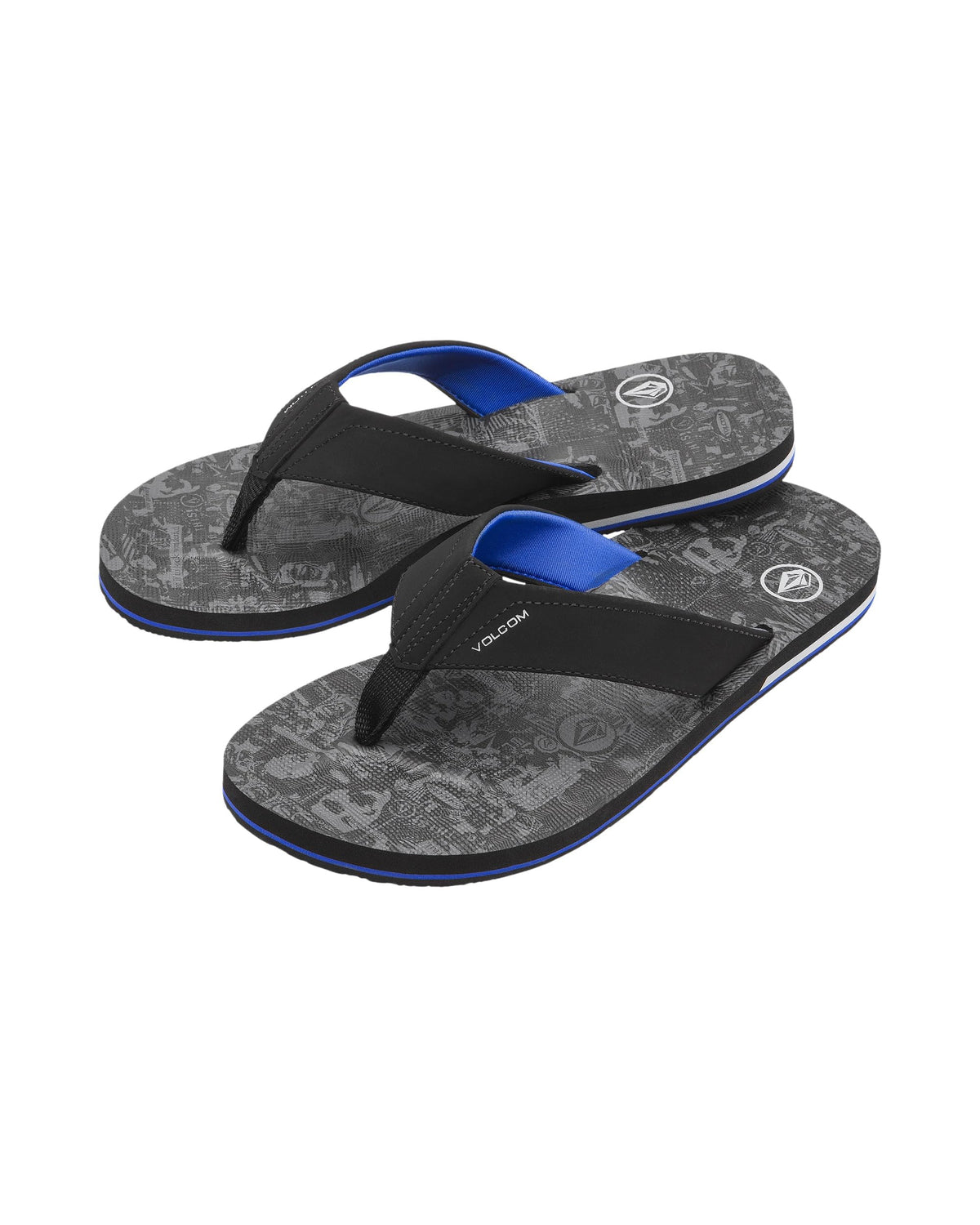 Black and gray printed flip-flops with blue trim and comfort foam footbed