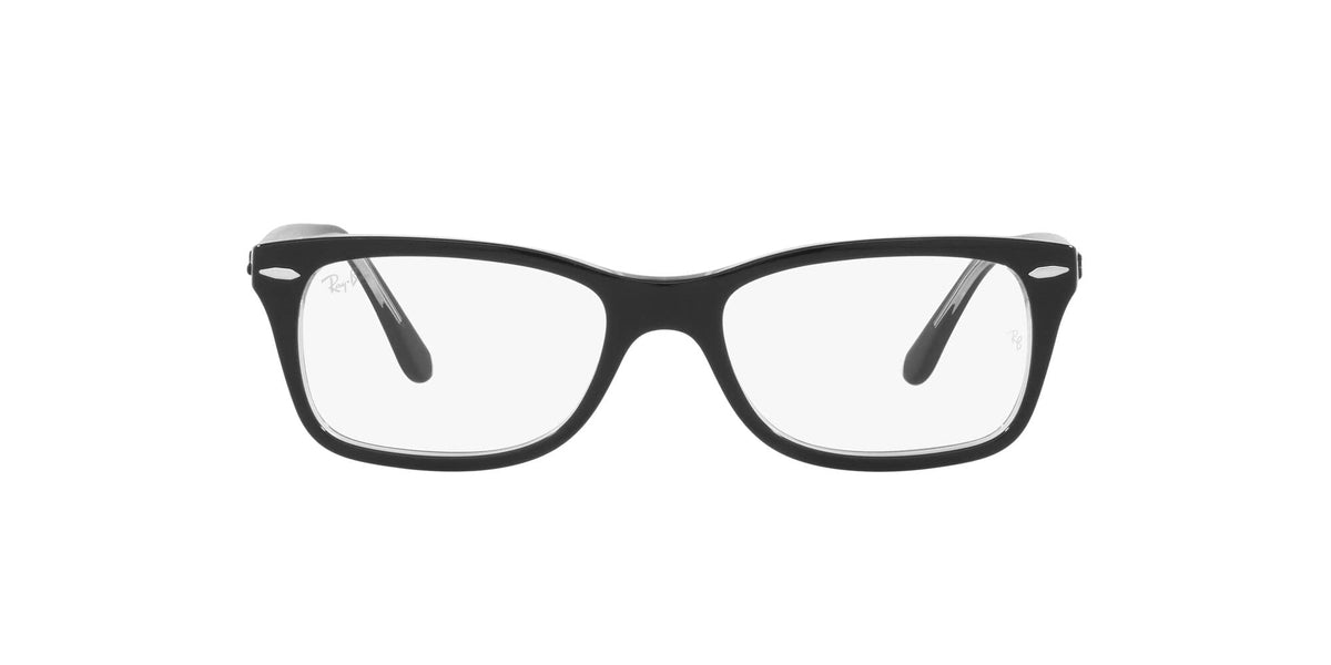Prescription eyewear frames, black rectangular with dark temples and clear demo lenses