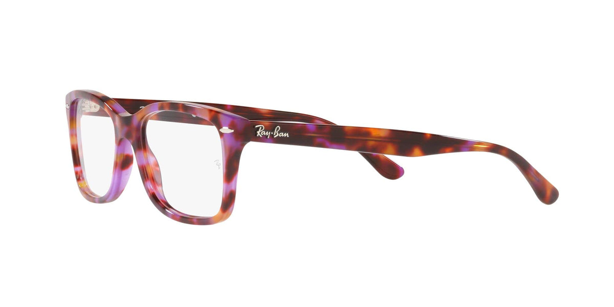 Ray-Ban prescription eyeglass frames, red-brown tortoise pattern angled side view