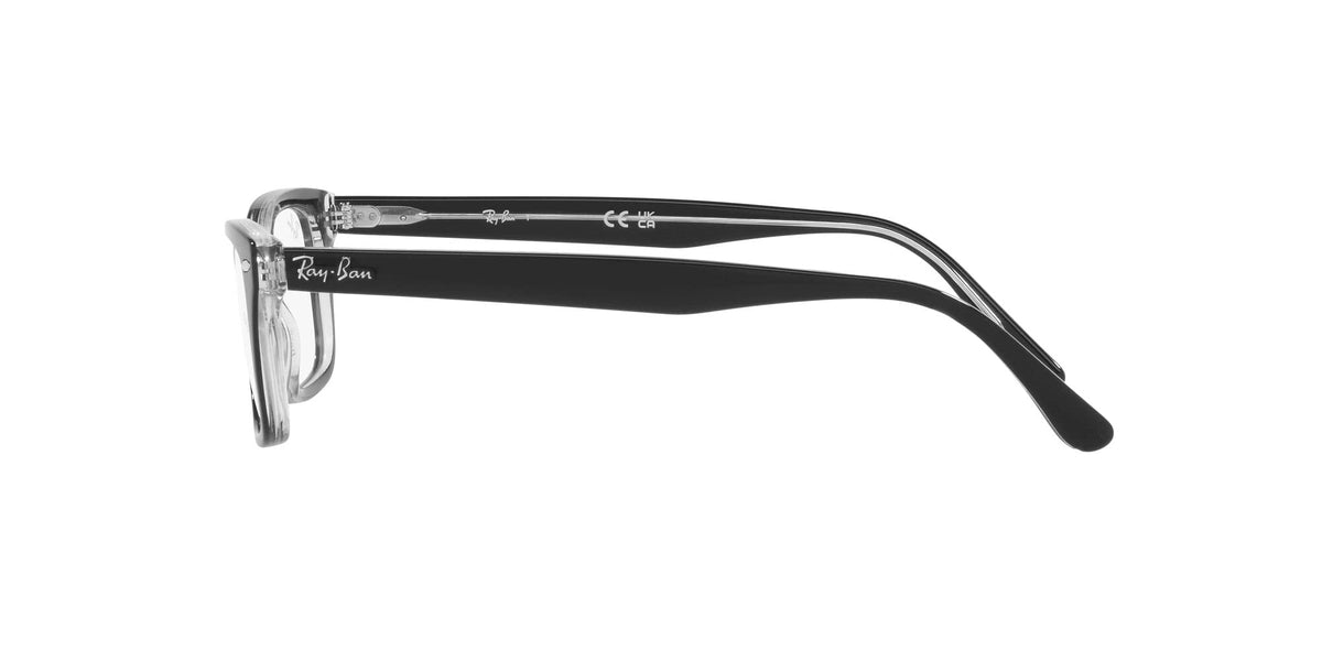 Prescription eyewear frames, clear front and black curved temples with hinge detail