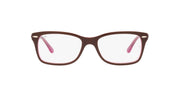Prescription eyewear frames, brown rectangular with pink-tinted demo lenses