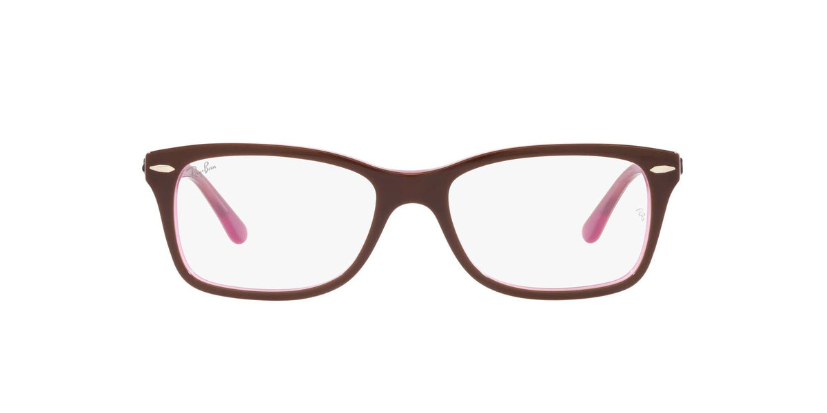 Prescription eyewear frames, brown rectangular with pink-tinted demo lenses