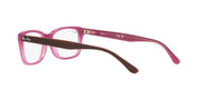 Prescription eyewear frames, pink rectangular with dark temples and clear demo lenses