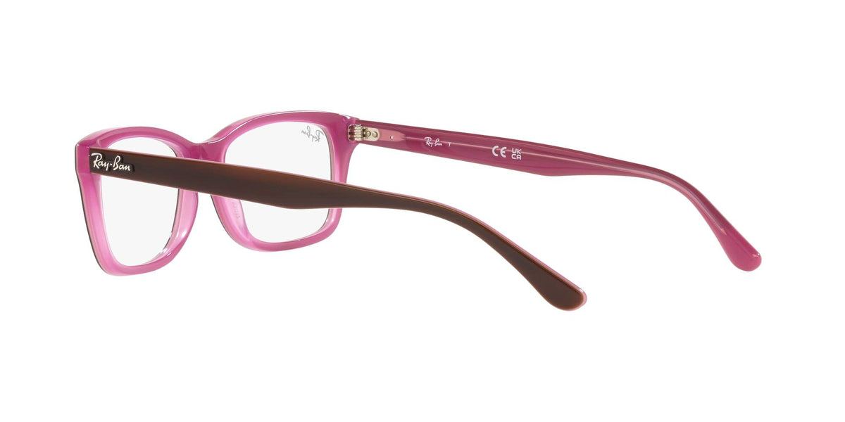 Prescription eyewear frames, pink rectangular with dark temples and clear demo lenses