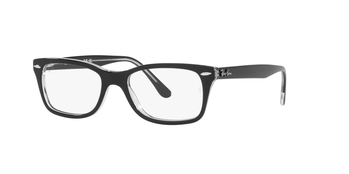 Prescription eyewear frames, black rectangular with clear demo lenses, angled side view