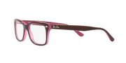Prescription eyewear frames, maroon front with pink-tinted demo lenses and curved temples