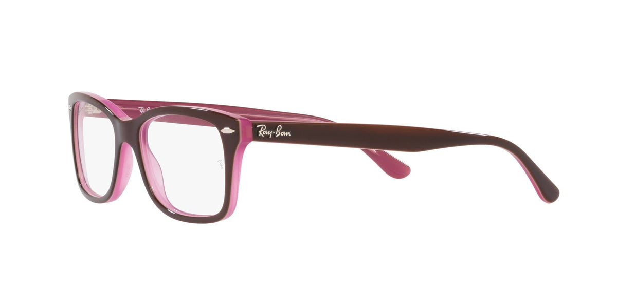 Prescription eyewear frames, maroon front with pink-tinted demo lenses and curved temples