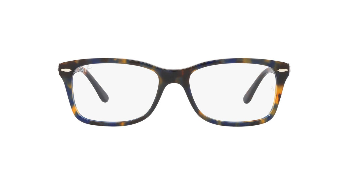 Ray-Ban prescription eyeglass frames, dark tortoise pattern with blue inner accents