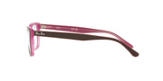 Prescription eyewear frames, maroon temples and pink-tinted demo lenses, side profile