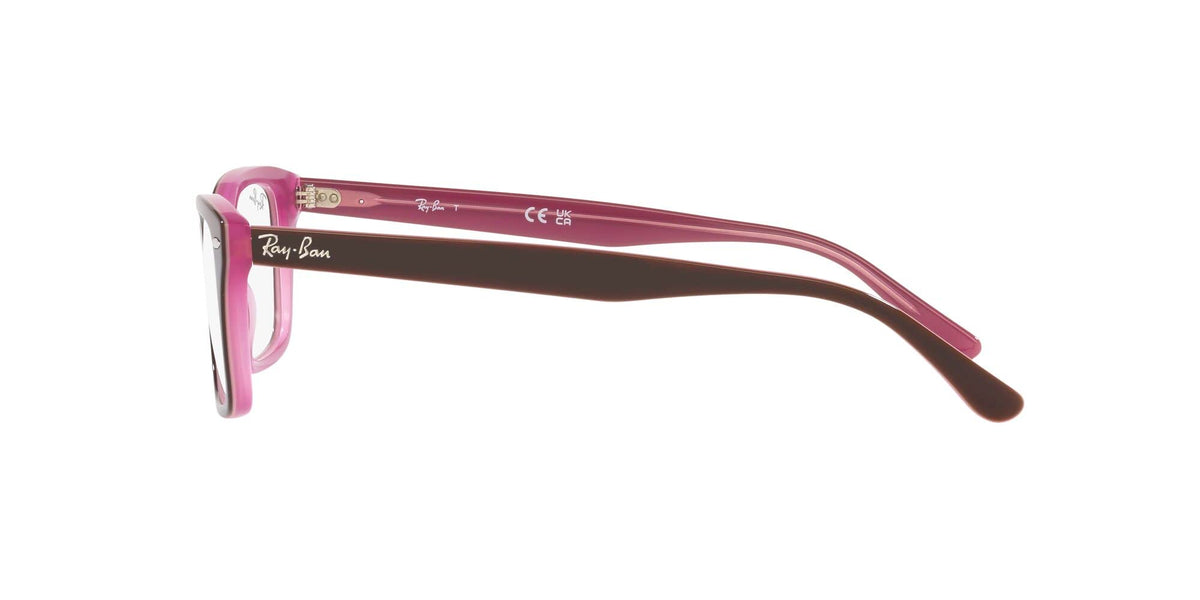 Prescription eyewear frames, maroon temples and pink-tinted demo lenses, side profile