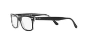Prescription eyewear frames, smoke-gray front with black temples and clear demo lenses