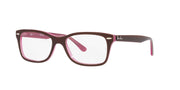 Prescription eyewear frames, brown with pink-tinted demo lenses, angled front view