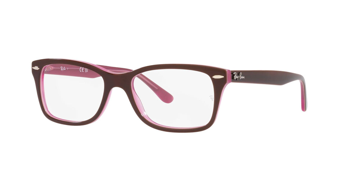 Prescription eyewear frames, brown with pink-tinted demo lenses, angled front view