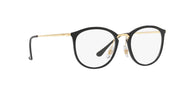 Black oval-round prescription eyeglass frames with gold-tone bridge and clear demo lenses