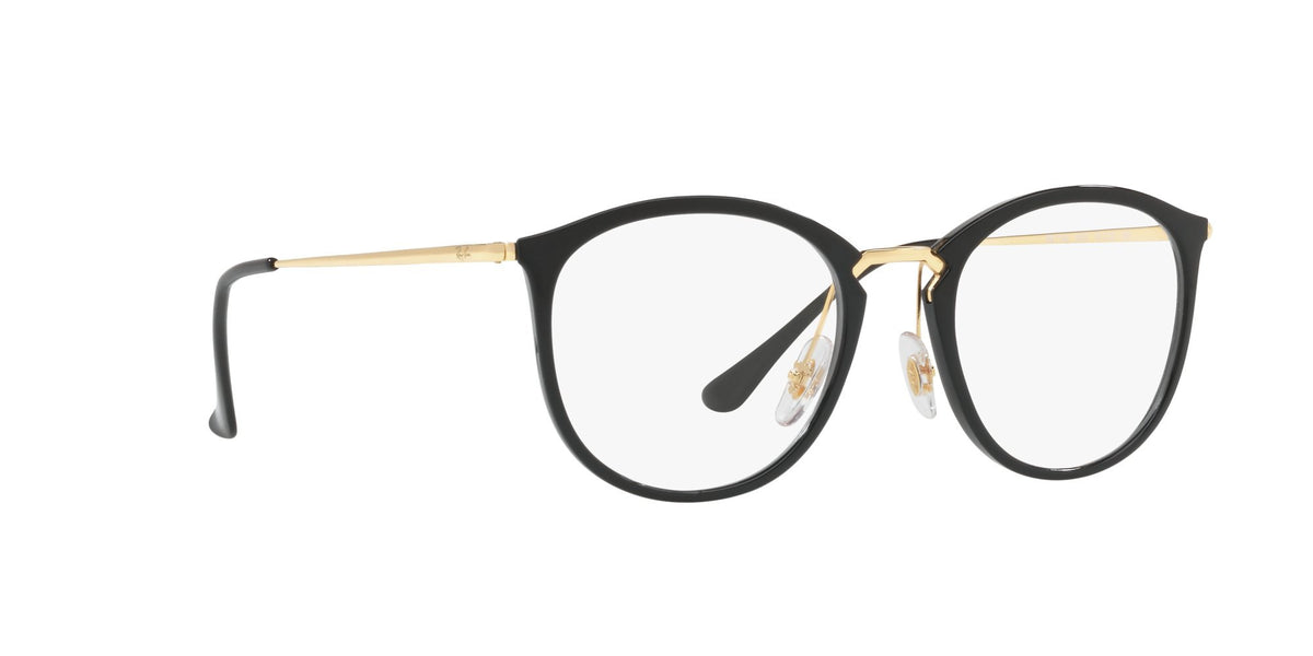 Black oval-round prescription eyeglass frames with gold-tone bridge and clear demo lenses