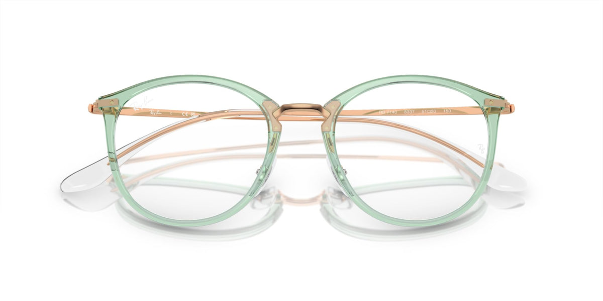 Ray-Ban prescription eyewear frames, mint-green round lenses and clear nose bridge