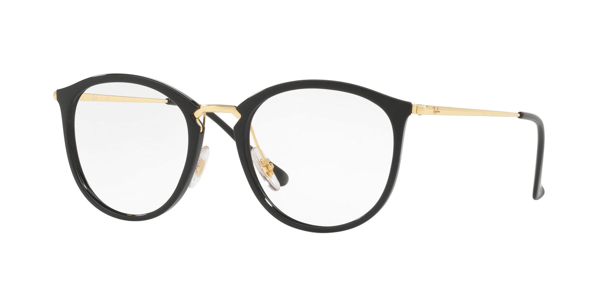 Black round prescription eyeglass frames with gold-tone hinges and clear demo lenses