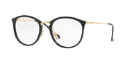 Black round prescription eyeglass frames with gold-tone hinges and clear demo lenses