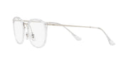 Clear prescription eyewear frames in angled side view with white demo lenses