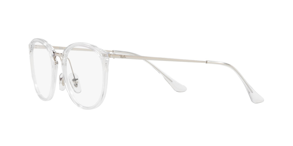 Clear prescription eyewear frames in angled side view with white demo lenses