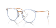 Light blue round eyeglass frames with metal temples and demo lenses, front 3/4 view